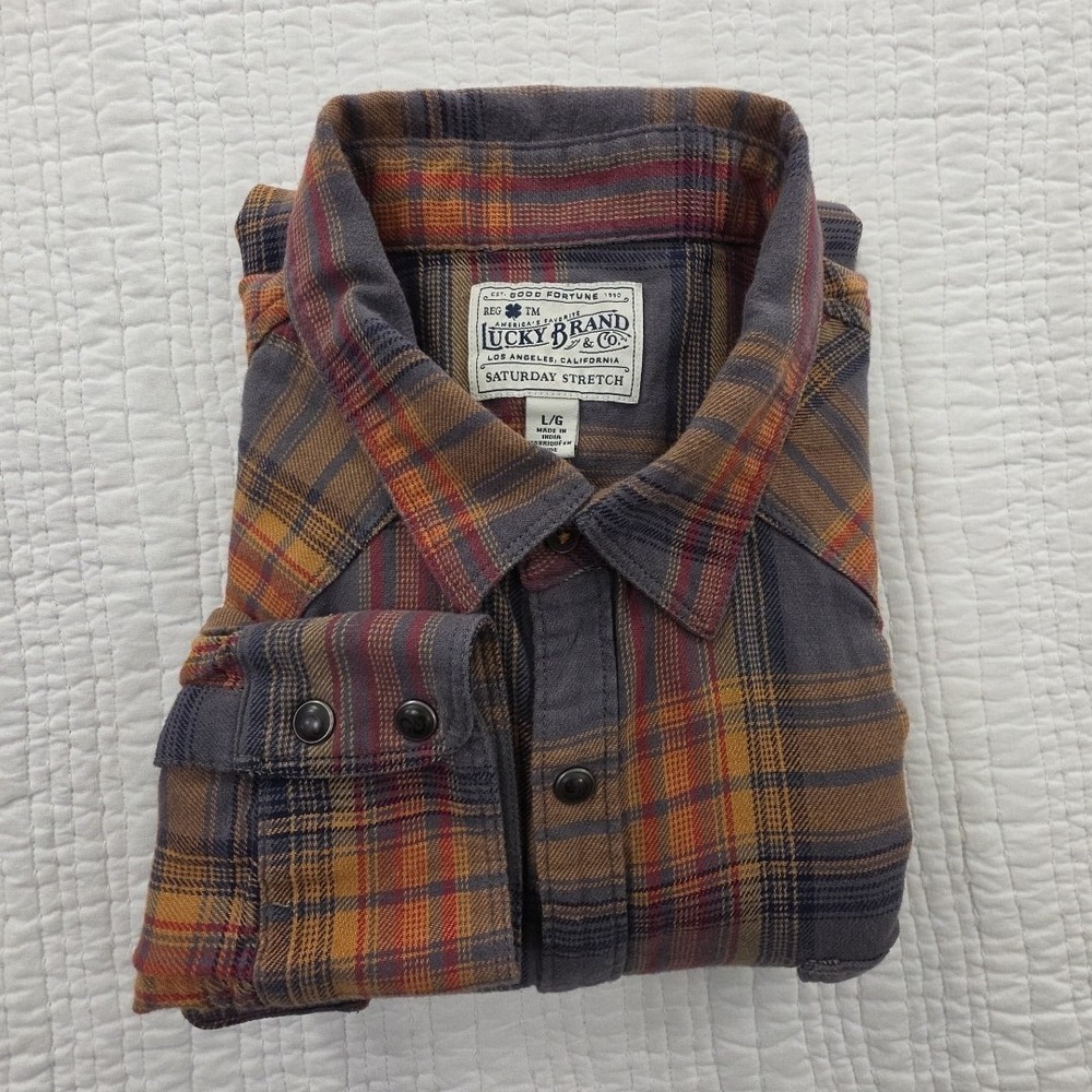 Lucky Brand Shirt Men's L Orange Gray Grey Plaid Saturday Stretch Snap Buttons - Picture 16 of 16